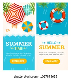 Hello Summer Time Banner Vecrtical Set with a Life Buoy and Umbrella Tropical Resort. Vector illustration of Summertime Banners