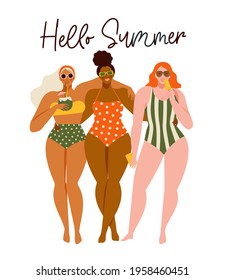 Hello Summer time beach illustration in vector. Women in swimsuits sunbathing and relaxing near the pool.