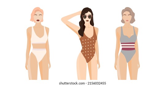Hello Summer time beach illustration in vector. Women in swimsuits sunbathing. Vector set of figures of women in bikinis, beach style. Girls brunette, blonde, brown-haired woman. Set women look 
