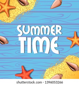 Hello Summer time with blue wood background and sand beach with starfish poster, banner square poster banner template