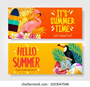 Hello Summer and It's Summer Time Creative Banners in Isolated Background. Vector Illustration
