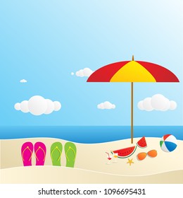 hello summer time design with yellow circle for text and colorful beach elements. Vector illustration.