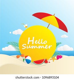hello summer time design with yellow circle for text and colorful beach elements. Vector illustration.