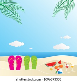 hello summer time design with yellow circle for text and colorful beach elements. Vector illustration.