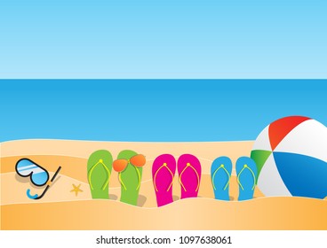 hello summer time design with yellow circle for text and colorful beach elements. Vector illustration.