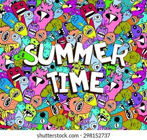 Hello summer time doodle hipster colorful background