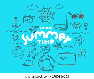 Hello summer time doodle vector elements with lettering inscription