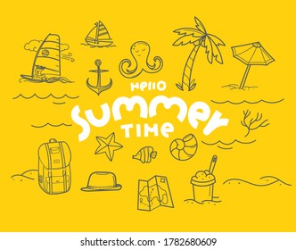 Hello summer time doodle vector elements with lettering inscription