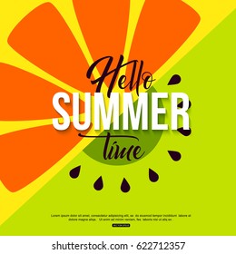 Hello summer time fruit background orange and kiwi for banner, poster. Vector illustration