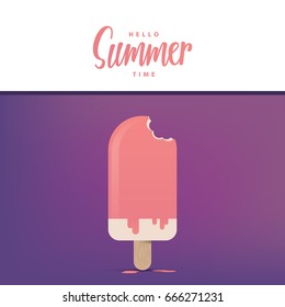 Hello summer time heading with pink ice-cream illustration vector on purple background. Summer concept.