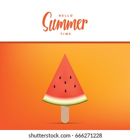 Hello summer time heading with watermelon ice-cream illustration vector on orange background. Summer concept.