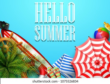 Hello summer time holiday banner. Top view of tropical leaves and beach element collections on blue background