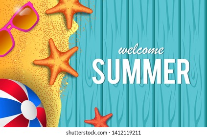 Hello Summer time holiday travel sand with starfish and ball from top view with wood background