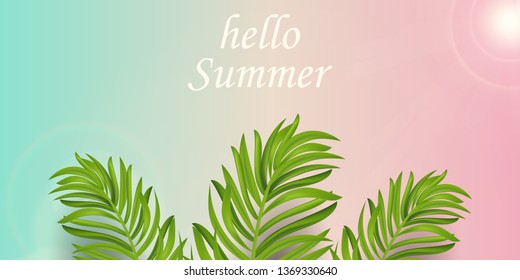 Hello summer time holiday typographic. Summer vector banner design concept with tropical palm leaves in pink, blue sky background. Vector illustration.