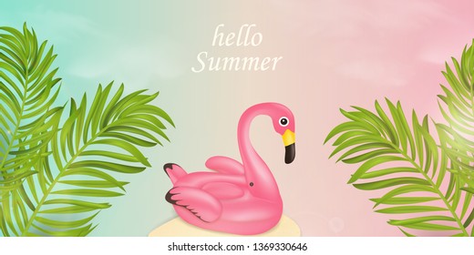 Hello summer time holiday typographic. Summer vector banner design concept with beach elements, pink Flamingo pool float, tropical palm leaves in pink, blue sky background. Vector illustration.
