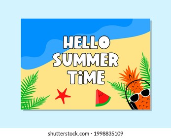 Hallo Sommerzeit, Layout-Banner-Design. Horizontales Poster, Grußkarte, Vektorgrafik, Sommerzeitenhintergrund