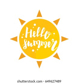 Hello summer time lettering comic text font in yellow speech bubble. Eco, bio party label tag advertising. Colored vector illustration isolated on white background. Cartoon juice colored fresh mood.