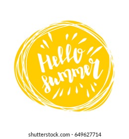 Hello summer time lettering comic text font in yellow speech bubble. Eco, bio party label tag advertising. Colored vector illustration isolated on white background. Cartoon juice colored fresh mood.