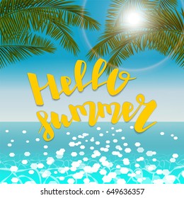 Hello summer time lettering comic text font. Seascape nature outdoors blurred bokeh lights palm leaf. Landscape background. Realistic vector illustration web banner. Travel vacation theme.