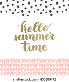 Hello summer time lettering.
Retro card, hand drawn typography concept designgold foil effect, vintage banner, creative invitation, summer poster, background illustration, greeting vector