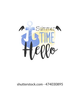 Hello Summer Time Message Watercolor Stylized Label