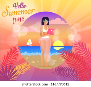 Hello summer time, poster with business lady on vacation, working on laptop, sailboat and seaside with sunshine, palm leaves, vector illustration