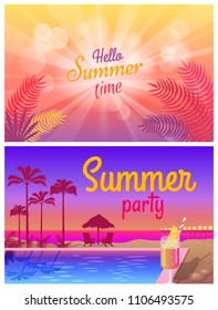 Hello summer time poster with party near pool, tasty cocktails promo advert. great event at tropical place, tall palms on sunset vector illustrations.