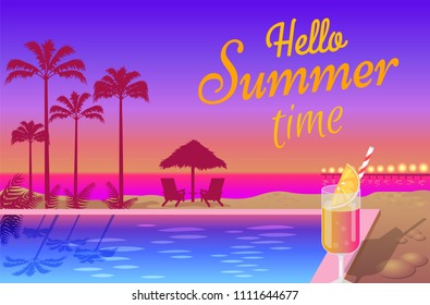 Hello summer time poster with party near pool, tasty cocktails promo advert. Big event at tropical place, tall palms on sunset vector illustration.