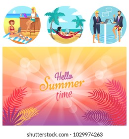 Hello summer time, poster set with title and bokeh, woman in red hammock between palms, bar and cocktail, men chatting, isolated on vector illustration