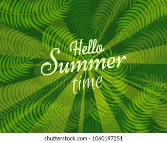 Hello summer time slogan on background with tropical palm tree leaves and sun rays. Vector illustration of advertisement poster with place for text
