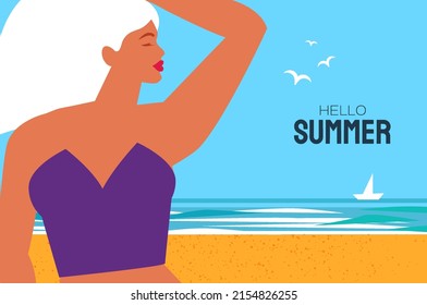 Hello summer. Time to travel. Happy young woman with sunburnt skin on a tropical beach wearing purple swimwear. Summertime. Sea, sky, palms and beautiful beach.