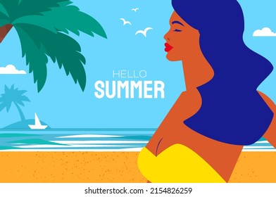 Hello summer. Time to travel. Happy young woman with sunburnt skin on a tropical beach wearing bright yellow swimwear. Summertime. Sea, sky, palms and beautiful beach.