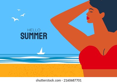 Hello summer. Time to travel. Happy young woman with sunburnt skin on a tropical beach wearing red swimwear. Summertime. Sea, sky, palms and beautiful beach.