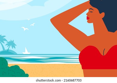 Hello summer. Time to travel. Happy young woman with sunburnt skin on a tropical beach wearing red swimwear. Summertime. Sea, sky, palms and beautiful beach.