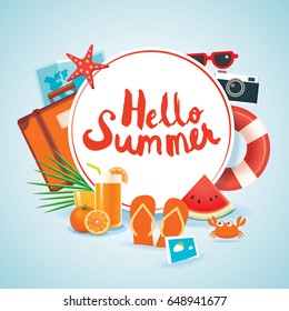 hello summer time travel season banner design and colorful beach elements in background.