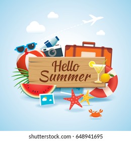 hello summer time travel season banner design and colorful beach elements in background.
