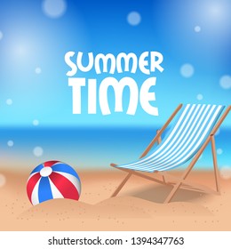 Hello Summer time tropical outside beautiful beach with balloon and beach chair on the sand square poster banner