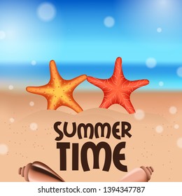 Hello Summer time tropical outside beautiful beach with balloon and beach chair on the sand square poster banner