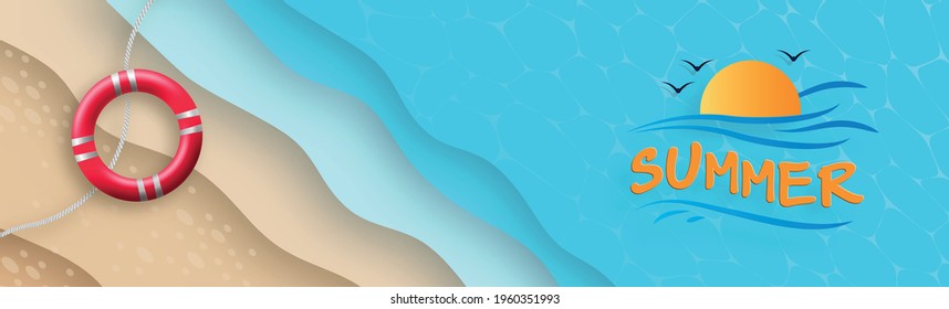 Hello Summer time vector design with beach and tropical decorative objects, paper cut style on colorful background