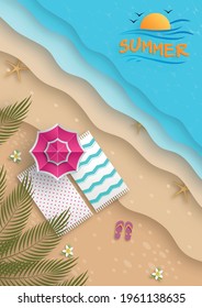 Hello Summer time vector design with beach and tropical decorative objects, paper cut style on colorful background