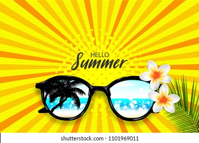 Hello summer time. Vector pop art poster realistic sunglasses. Vanilla tropical flower palm leaf. Radial line background.