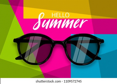 Hello summer time. Vector pop art poster realistic sunglasses. Geometric cube colored background. Vintage retro greeting lettering. Fashion 3d kitsch design.