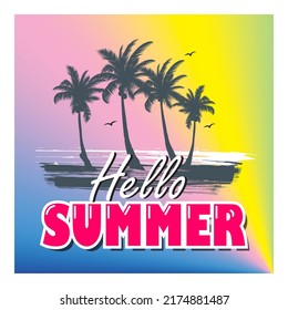 
Hello summer time. Vector pop art poster. With coconut tree silhouette illustration. Yellow, pink, blue gradient background. Vintage retro greetings.  
