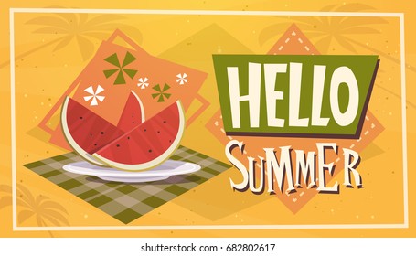 Hello Summer Time Watermelon Vacation Sea Travel Retro Banner Seaside Holiday Flat Vector Illustration