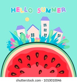 Hello summer time.Summer landscape.watermtlon slice.Vector illustration. 