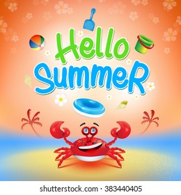 Hello Summer Title with 3d Realistic Red Crab Elements and Decorations in Colorful Island Beach Background including Flowers. Vector Illustration
