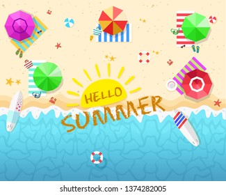 hello summer ,top view beach background with umbrellas,balls,swim ring,sunglasses,surfboard, hat,sandals,juice,starfish and sea. aerial view of summer beach.vector. - Images vectorielles