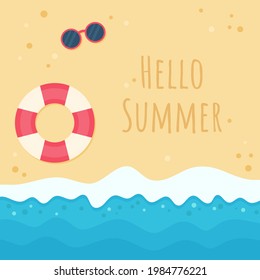 Hello Summer. Top view of beach and sea. Vector illustration