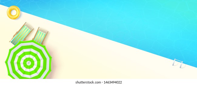 Hello summer. Top view on swimming pool with deckchairs and sun umbrella. Vector 3d illustration, fun time of summer. Template for pool party invitations. Concept for summer holidays.