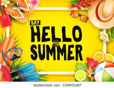 Hello Summer Top View Realistic Vector Banner in Yellow Background with Frame and Tropical Elements Like Scuba Diving Equipment, Surf Board, Slippers, Digital Camera, Mobile Phone, Hat, Palm Leaves 